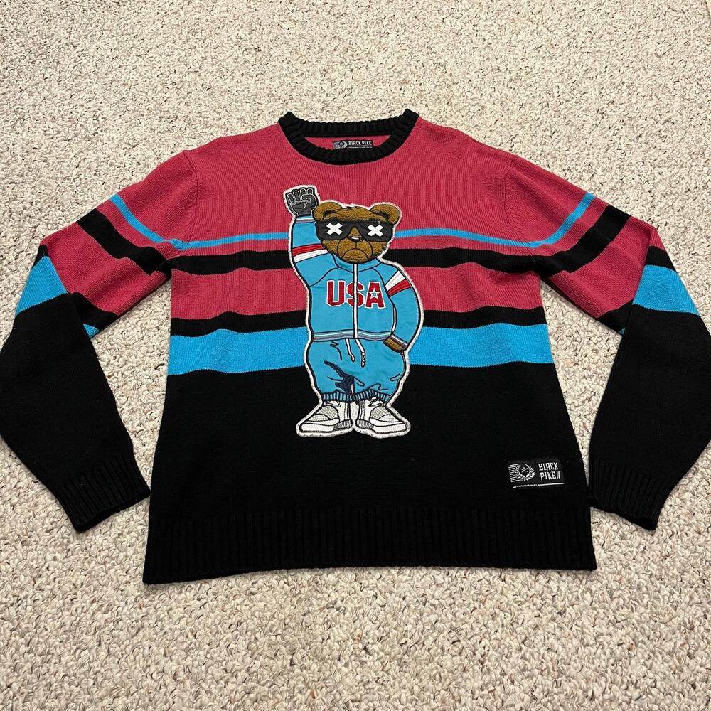 Black Pike Crewneck Sweater USA Bear M Pink Black Blue Grunge Streetwear Casual